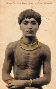 Traditional tattoos on a Filipino man, Bontoc people (why is "Filipino" spelled with an F?)