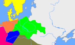 Late Bronze Age cultures of Europe: Lusatian (green), German Urnfield (Orange), and Nordic (Yellow.)