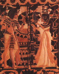 King Tutankhamun receives flowers from Ankhesenpaaten as a sign of love.